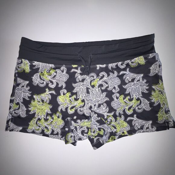 Athleta Gray & White Floral Swim Shorts Swimsuit Bottom Size Large Back Pocket - Picture 1 of 6